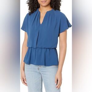 Trina Turk blue Peplum Bell Sleeve Silk Blouse size Large